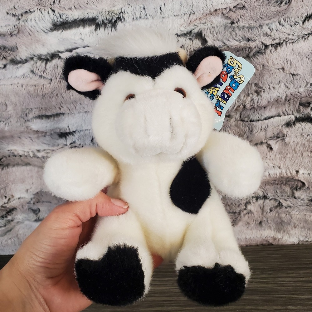Vtg Plush Creations Bean‎ Bag Friends Cow 7" Stuffed Animal High Pile Fur W/Tags